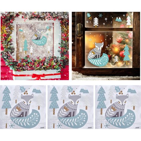 Set mit 3 neuen PVC-Aufklebern mit statischer Haftung, Weihnachtsmotiven wie Fuchs, Wald und Schneeflocke, für Glas, Wohn- und Schlafzimmer. Schlichte und kreative Dekoration. (1/5)