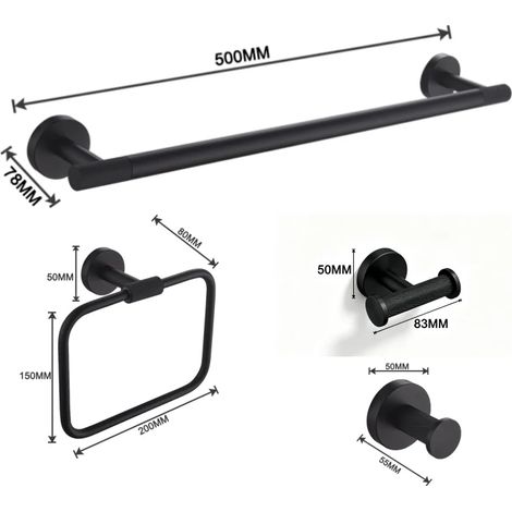 Ensemble de salle de bain élégant noir mat à fixer au mur : porte-essuie-tout mural, crochet pour peignoir, double porte-gobelet et double distributeur de savon. (1/5)
