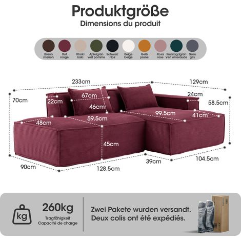 Canapé économique 235 cm fourni avec 2 coussins et étui. Style contemporain confortable adapté aux petits salons et bureaux
