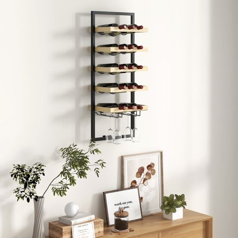 Support de bouteilles mural en bois et acier pour 15 bouteilles de vin et 4 verres, 35x25x86cm