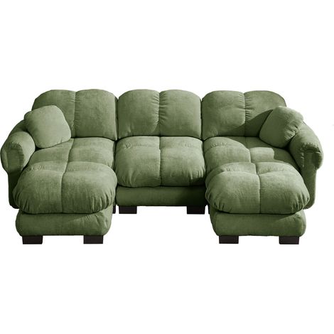 Sofá nube en U de 3 plazas de chenilla verde con otomana móvil y 2 cojines decorativos (1/5)