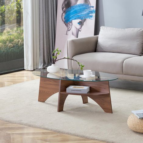 Table basse ovale en verre de sécurité – 104,9 x 60 cm, structure en noyer avec compartiments disposés en diagonale et étagère de rangement intégrée. Convient aux salles à manger.