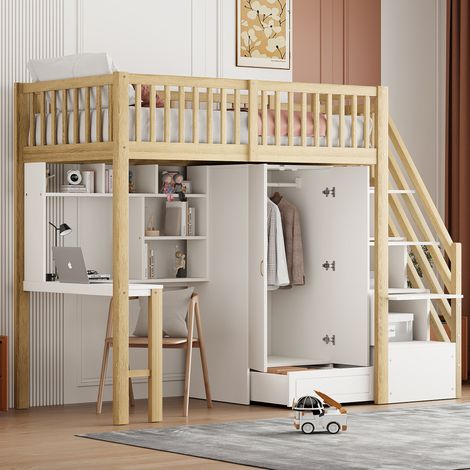Hochbett 90x200 cm aus Naturholz mit Stauraum für kleine Räume, ohne Matratze – MEUBLIV (1/5)