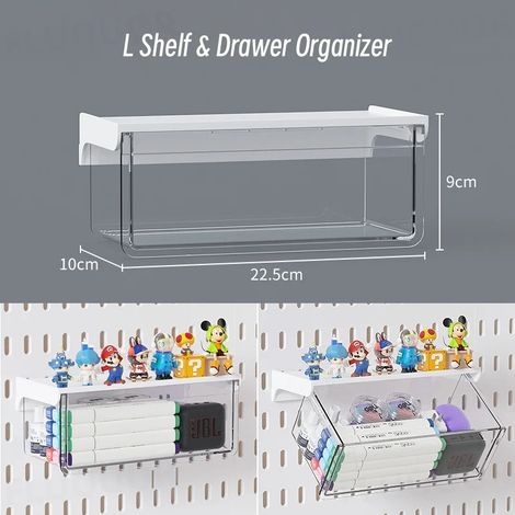(tiroir d'exposition) Organisateur mural sans perçage avec panneau perforé, étagères de rangement modulaires, crochets et accessoires, pour salle de jeux, cuisine ou bureau. (1/5)