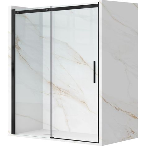 Porte De Douche Battante 100x195 cm en verre trempé transparent anticalcaire de 6 mm avec cadre noir (1/5)