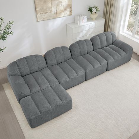 Canapé modulaire 4 places avec ottoman forme coquille. Mousse haute densité 32D,siège profond tissu doux,couleur grise pour salon. (1/5)