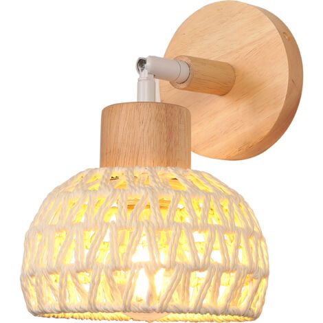 royaluxe- Applique Murale Intérieure 15CM Lampe Murale Réglable en Bois et Rotin Rétro E27 Luminaire Applique Vintage pour Salon Chambre (Blanc) (1/5)