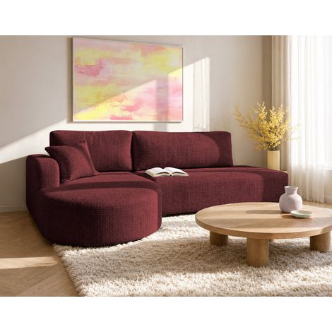 Miro - canapé d'angle gauche 4 places convertible avec coffre en velours texturé - prune (1/5)