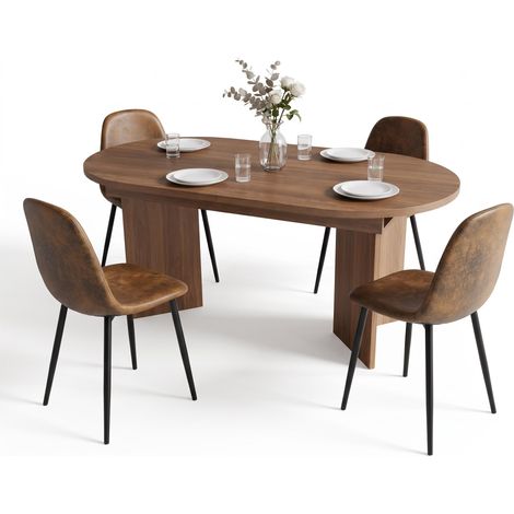 FurnitureR 5-Piece Dining Set, 120-160CM Dark Wood Extendable Oval Table & 4 Brown Suede Chairs (1/5)