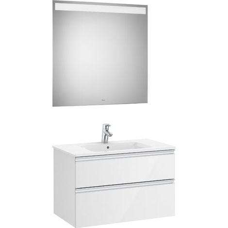 Pack meuble bas blanc avec 2 tiroirs + lavabo + miroir LED THE GAP - ROCA Position du lavabo : Central (1/2)