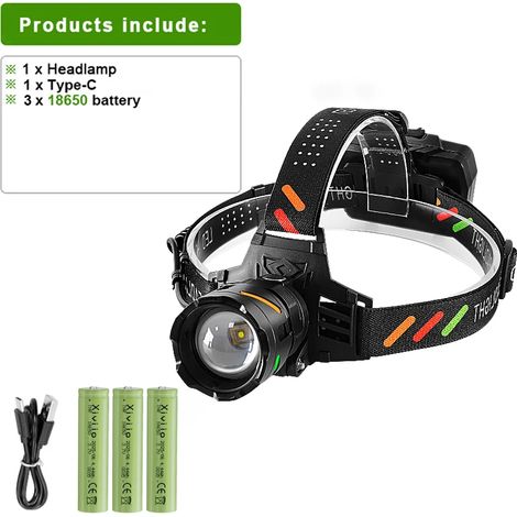 Lampe frontale LED rechargeable (batterie 18650 neuve) 1 000 000 lm - Lampe frontale LED longue portée ultra-puissante - Idéale pour la pêche et le camping en extérieur (1/5)