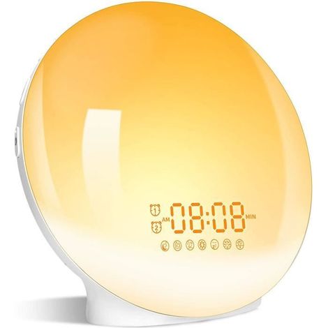 Lampe de chevet LED avec simulateur d'aube et crépuscule, radio réveil lumineux et veilleuse - Eveil Lumière (1/4)