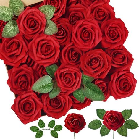 50 rosas rojas artificiales con tallo, ramo de novia, arreglos florales decorativos para bodas, centros de mesa, decoración del hogar (kits florales para hacer tú mismo).