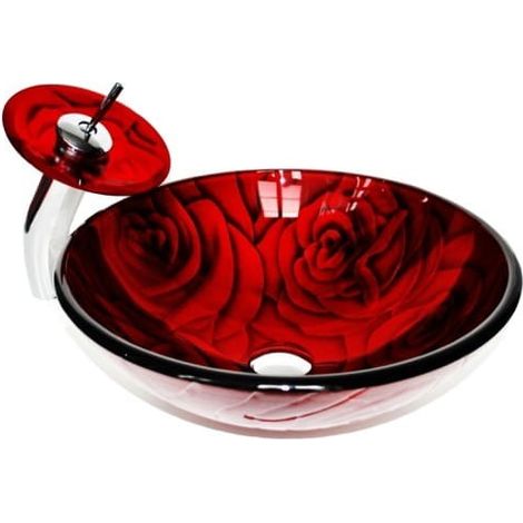 Glaswaschbecken mit Armatur Rot 42x42x13,5 cm (1/5)