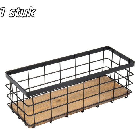 panier de rangement - Style rustique - Panier en métal - Fond en bois - Organisateur de table - Convient pour la cuisine, les placards, les plans de travail de salle de bain et les bureaux - Noir (1/5)