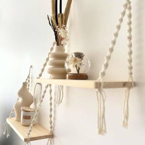 Lot de 2 Étagères Murales Suspendues en Bois avec Corde Macramé – Déco/Décoration Murale Bohème Cocooning pour Plantes, Chambre, Salon, Salle de Bain, sans Perçage, Style Boho Scandinave (1/5)