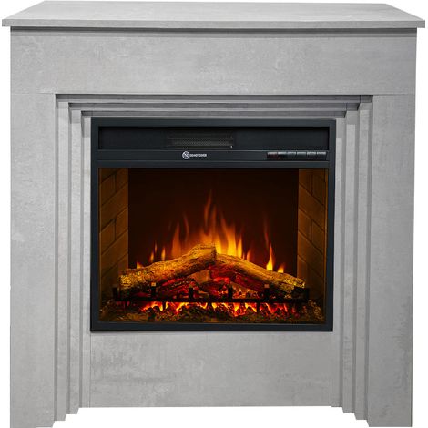Camino elettrico caminetto da terra BELLINI in legno effetto Cemento Made in Italy L96 x P35 x H96