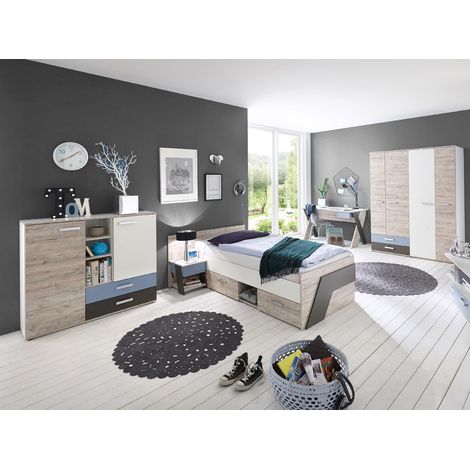 Jugendzimmer Set mit Schreibtisch 5-teilig LEEDS-10 in Sandeiche Nb. mit weiß, Lava und Denim Blau