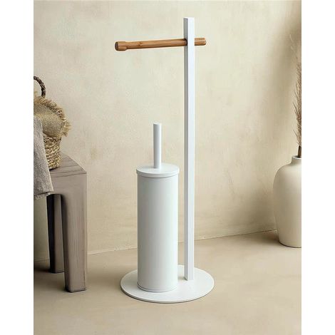 Exagonshop Piantana portascopino portarotolo in bamboo e acciaio