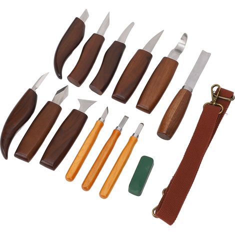 Kit de Gravure sur Bois 12 Outils Manche Noyé Ergo Noyer Acier 7 CrMoV Sac Cuir Atelier Bricolage (1/5)