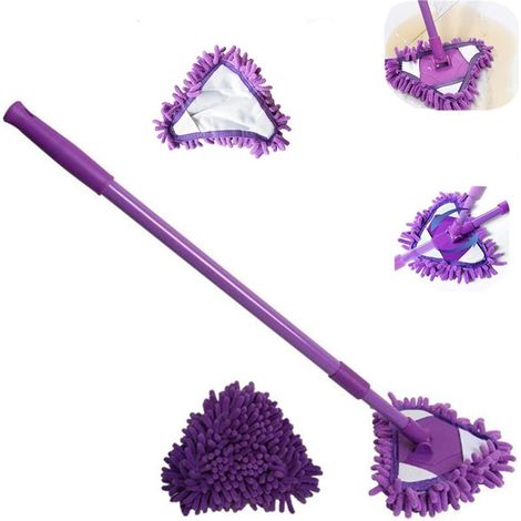 Balai-serpillère triangulaire à long manche, pivotant à 180°, réglable et en microfibre. Convient pour les fenêtres, sols, murs, parquets et carrelages. Couleur : violet. (1/5)