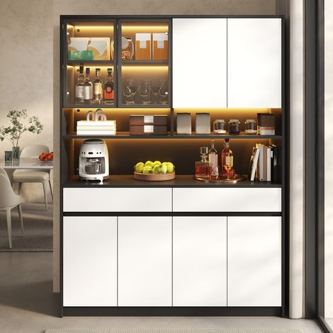 Modernluxe - Buffet haut, vitrine 120x38x160 cm - Avec éclairage LED - 8 portes et 2 tiroirs - Étagère ouverte - Blanc et noir (1/5)