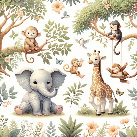 Papier peint panoramique Enfants - Animaux de la Jungle - 130 cm x 130 cm (1/2)