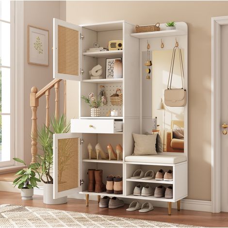 Meuble d'entrée avec banc à chaussures, miroir, patères, rangement ouvert, tiroir et portes en paille, 99 x 35 x 180 cm, blanc et bois clair – CHICFURN (1/5)