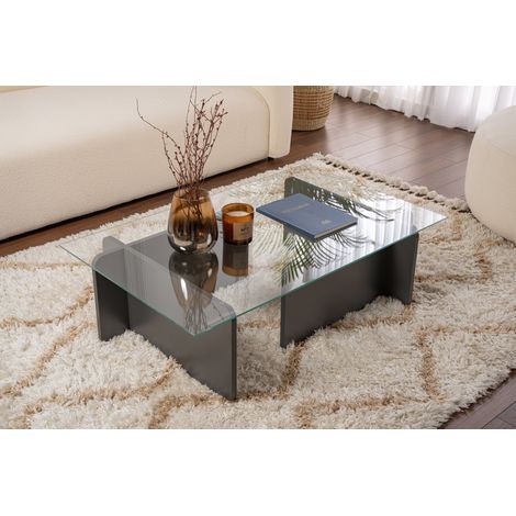 Table basse fixe en verre trempé anthracite 105 x 65 x 30 cm – Design moderne pour salon – Structure en panneaux de particules mélaminés (1/5)