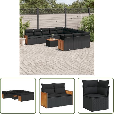The Living Store Salon de jardin 12 pcs avec coussins noir résine tressée - Ensemble Salon De Jardin - Meuble Extérieur - Mobilier De Jardin - Salon De Jardin Pliable - Chaise Longue (1/5)