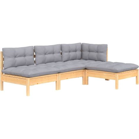 Vidaxl – Salon de jardin 4 places en bois de pin massif – Coussins gris confortables – Idéal pour configurations modulaires – Résistant aux intempéries