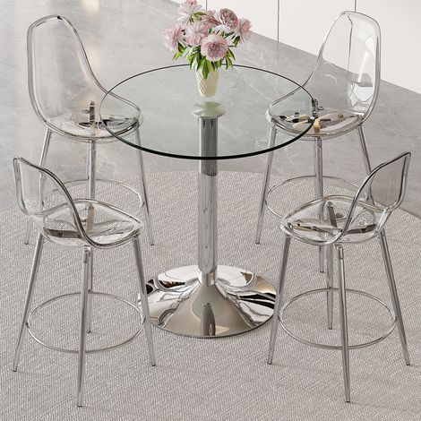 Conjunto de barra con mesa redonda de vidrio de 89 cm y 4 taburetes transparentes OKWISH (1/5)