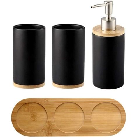 Set di 4 accessori da bagno in ceramica: portaspazzolino, dispenser di sapone, bicchiere e vassoio in bambù. (1/5)