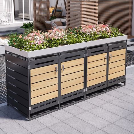 Cobertizo para 4 cubos de basura con jardinera, efecto madera, ventilación, acero negro, REDOM (1/5)