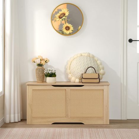 Truhen, Sitzbank mit Stauraum, Spielzeugkiste mit Deckel, 100 cm Rattan-Aufbewahrungstruhe mit Sicherheitsscharnier, Aufbewahrungsbox, für Kinderzimmer, Schlafzimmer, HOOBRO ENL11CW01 (1/5)