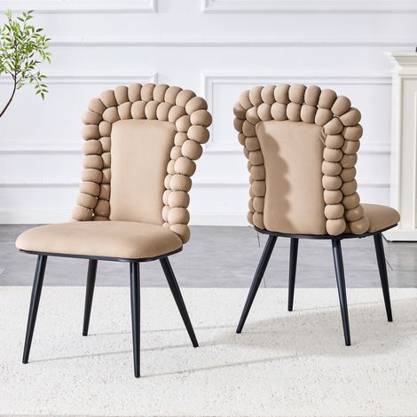 AMXCNOY Chaises de salle à manger en velours couleur chameau (lot de 2) – dossier à chaînes de boules, pieds en métal laqué noir, élégant pour salle à manger, vestiaires et espace de vie (1/5)