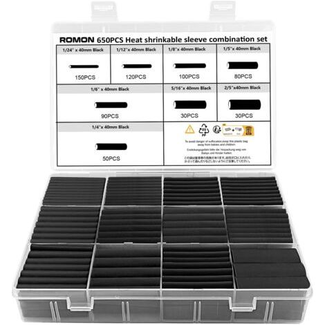 650 Pièces Gaine Thermorétractable Noir Etanche, Gaine Retractable pour Fil Electrique, Manchon Thermoretractable, 2:1 Tube Thermorétractable Noir, Isolation Electrique Tube, 8 Tailles (1/5)