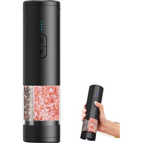 Juego de molinillo de pimienta, molinillo de especias automático y batidora, molinillo doble de cerámica, 200 ml, ideal para la mesa de la cocina. (1/4)