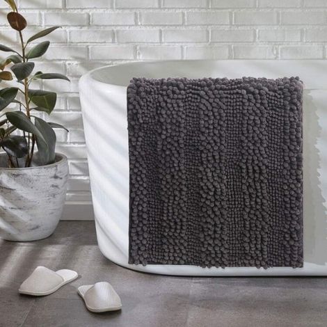 Set of chenille bath mats, soft, non-slip, rectangular, absorbent, durable plush for bathtub, shower, bathroom, toilet (dark grey, 1 set) (1/5)
