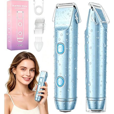 2 in 1 Rasoir Electrique Femme, Tondeuse Intime & Visage, Étanche IPX7 Humide/Sec, avec Écran LED et Lames Hypoallergéniques pour Zones Sensibles, Précise et Sans Irritation (Bleu) (1/5)