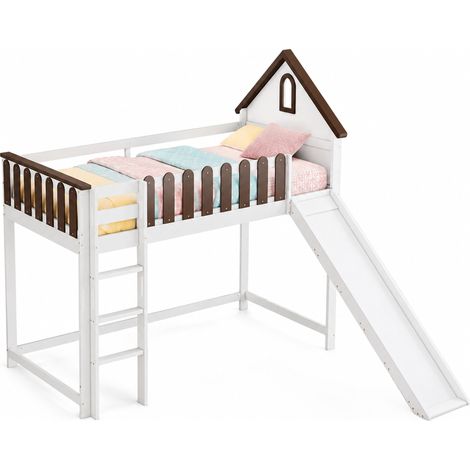 Lit mezzanine enfant avec toboggan, toit et fenêtre, échelle droite à 3 marches, couchage 90x200 cm, blanc et bois foncé – CHICFURN (1/5)