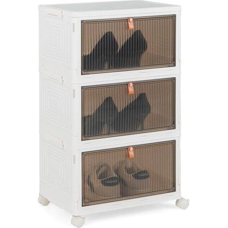 Meuble à chaussures 3 niveaux en PP avec portes transparentes, roulettes verrouillables et pliable pour entrée, chambre et dressing (1/5)