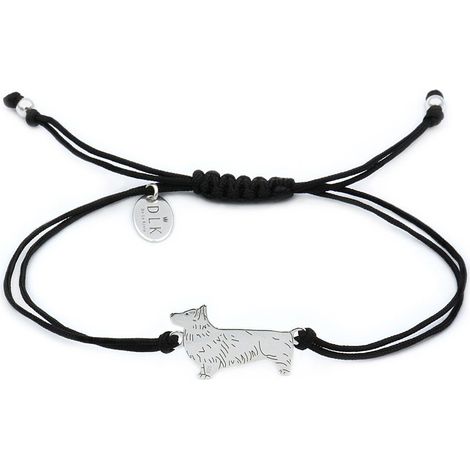 Bracelet argenté représentant un corgi sur cordon noir