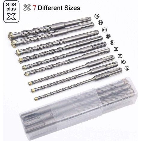 Forets à béton, 9 pièces (5 mm 16 x 160 mm), foret à percussion électrique SDS-Plus pour perceuse à percussion, forets croisés pour brique, pierre, naturel, métal,de (1/3)