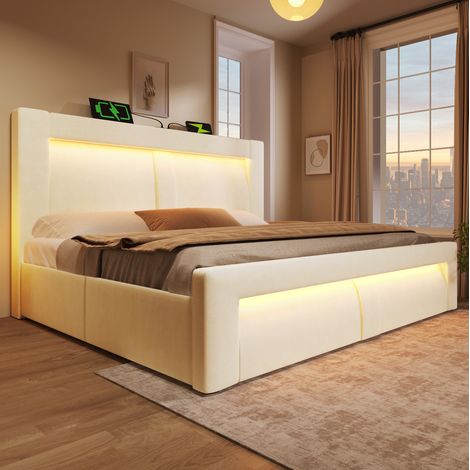 DESVIAE Lit double hydraulique 180x200 cm avec rangement sous le lit LED tête et pied de lit ports USB et Type C tête de lit incurvée en velours beige avec sommier à lattes (1/5)