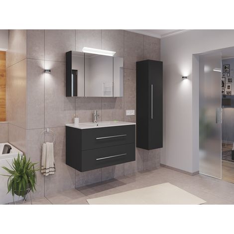 Badmöbel Set Firenze 90 3tlg. Spiegelschrank und Hochschrank grafit