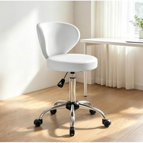Tabouret à roulettes pivotant 360° avec dossier, hauteur réglable 73-88 cm, PU blanc et acier chromé (1/5)