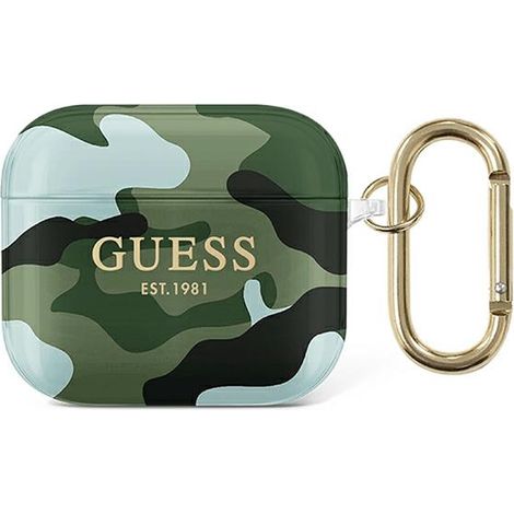 Funda Guess GUA3UCAMA para AirPods 3, color verde/caqui, colección camuflaje.