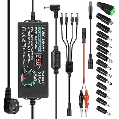 3V-24V 6A 144W Bloc d'alimentation réglable Adaptateur Secteur Universel Adaptateur Secteur réglable 100V-240V CA à CC avec LED et 14 Conseils pour Les appareils électroniques ménagers (1/5)