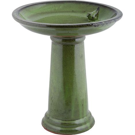 Ac-Deco – Bain d'oiseaux en céramique sur pied vert – Matériau terre cuite – Double usage : bain et mangeoire – Dimensions 42x42x47cm (1/5)